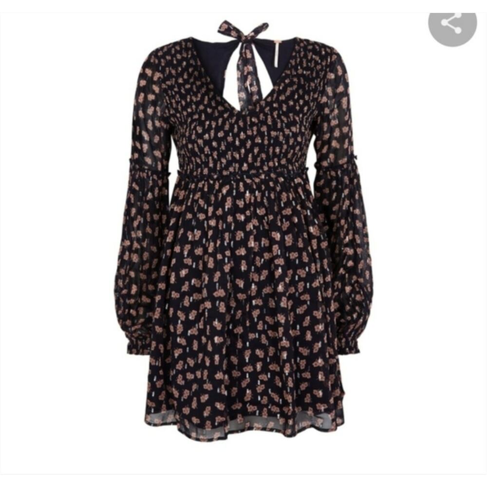 Free People Marina Mini Dress Long Sleeves Tie Back Navy Blue Women's Size XS